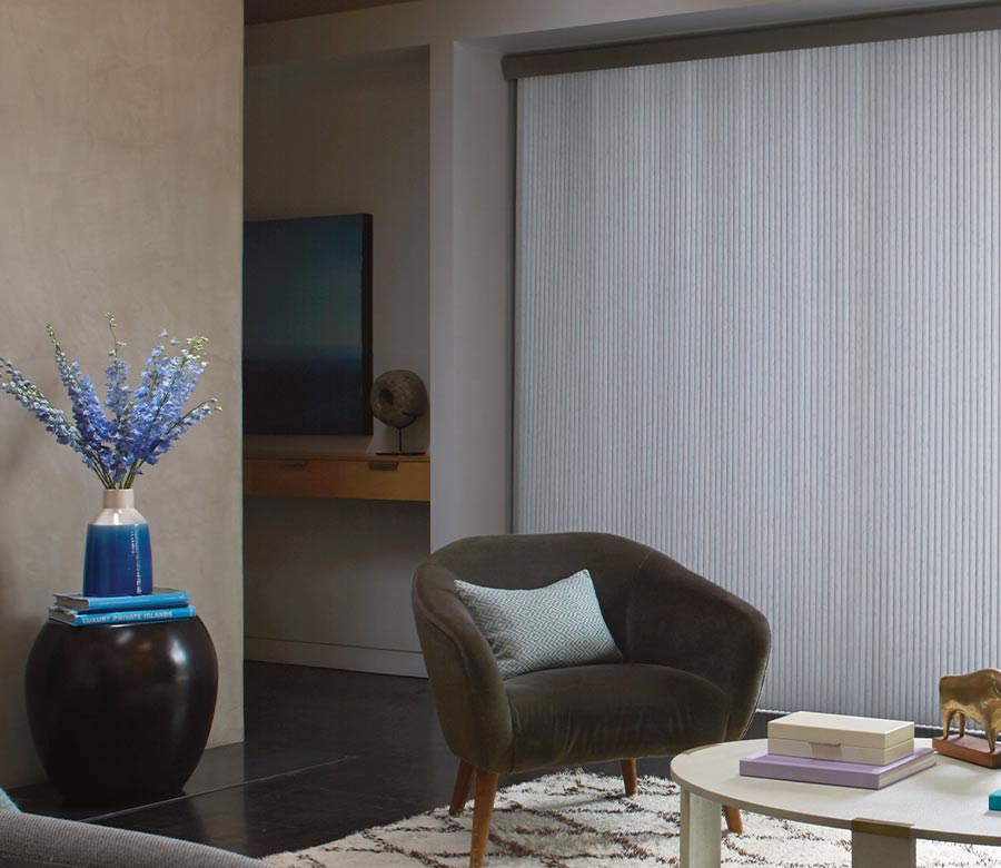 living room with white vertical honeycomb blinds for glass sliding doors