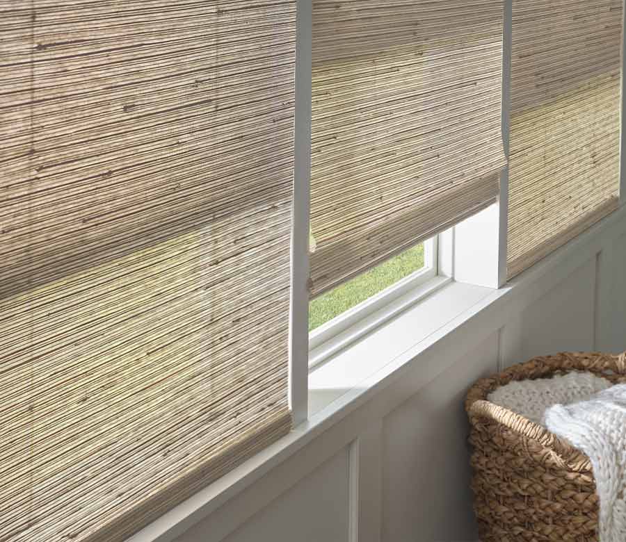 Bedroom with neutral provenance woven blinds austin