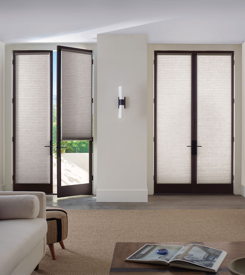 white shades with black trim Sliding Glass Door Covering Ideas in living room