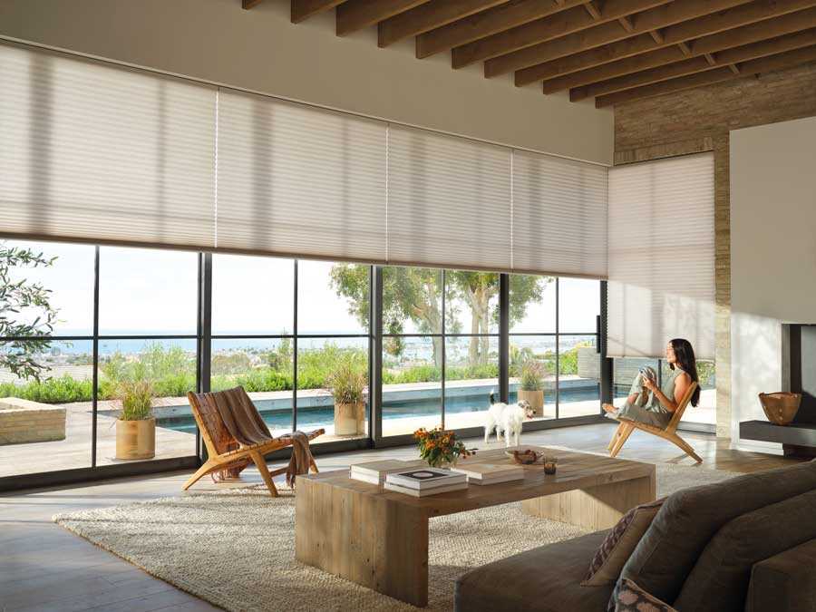 PowerView blinds in Austin, TX living room in neutral beige tan tones