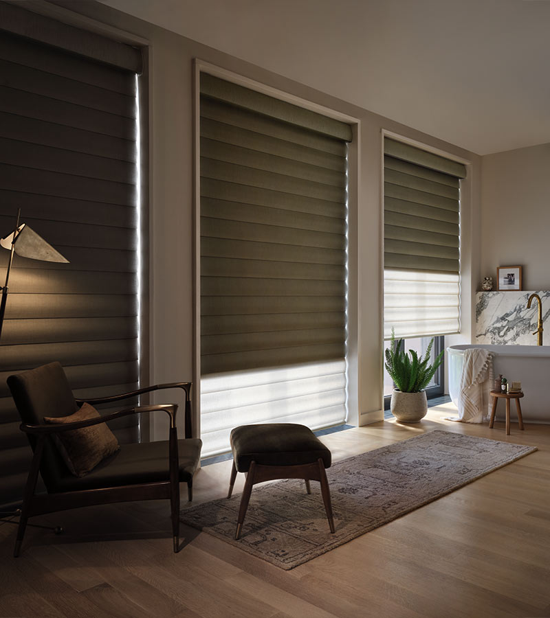 Neutral colored window coverings with room darkening in living room in austin