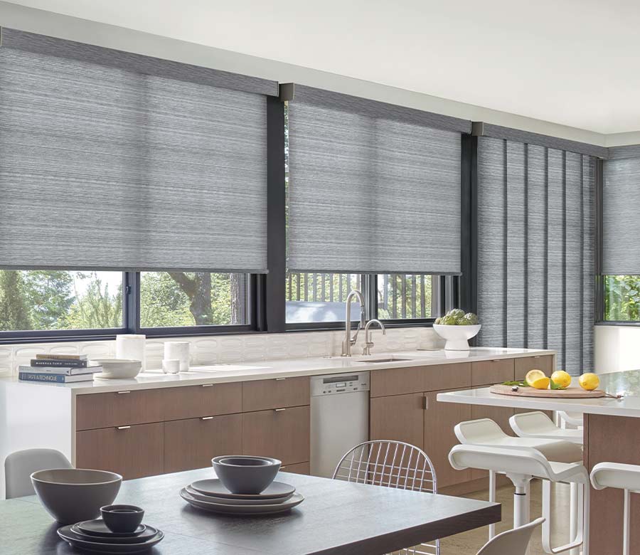 blue gray designer roller shades in kitchen austin window fashions