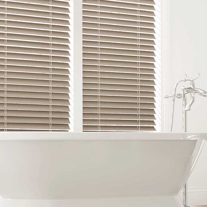 bathroom with brown faux wood blinds cordless window blinds