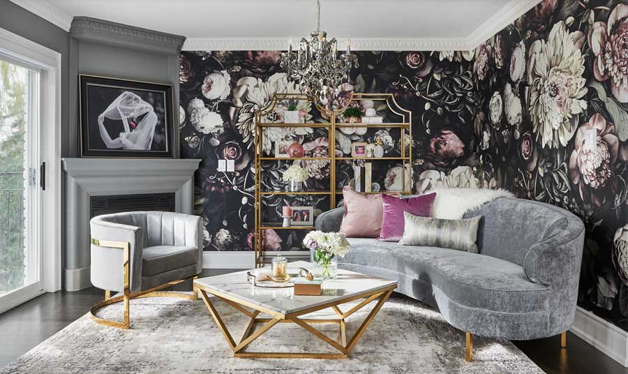 living room floral wallpaper grey tones pantone austin tx home