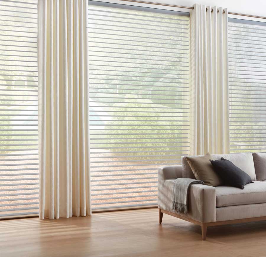 window sheer shades with drapes and grommets