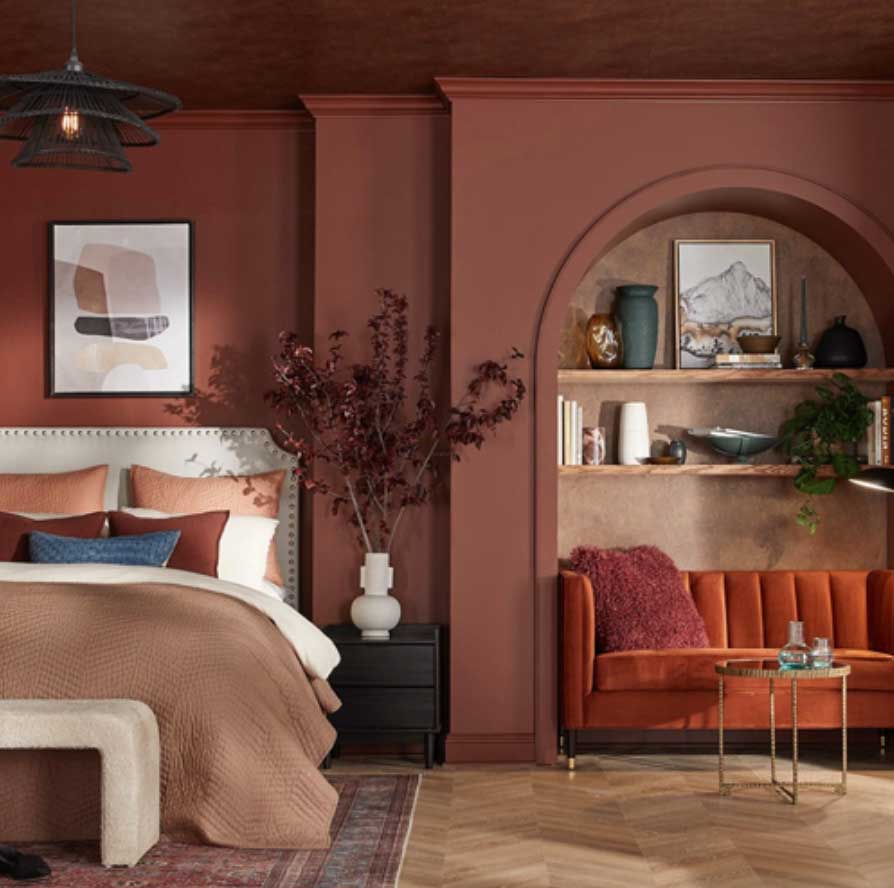 bedroom wall with warm mahogany color of the year 2026