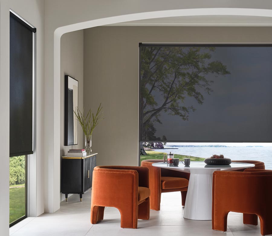 black-hunter-douglas-designer-screen-shades-for-large-windows-in-modern-dining-room-austin-window-fashions modern dining room with black screen shades by hunter douglas