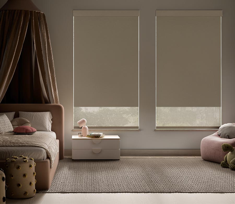 dual-designer-screen-shades-with-room-darkening-for-cozy-childrens-bedroom-austin-window-fashions designer screen shades in kids bedroom