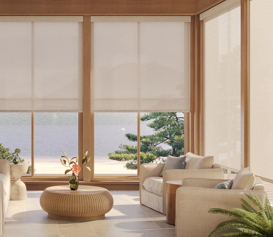 light-filtering-cream-designer-screen-shades-in-coastal-living-room-austin-window-fashions living room with light filtering with designer screen shades by hunter douglas